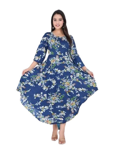 Casual Ladies Kurtis - Rayon Fabric, Size S-XXXL, Blue, Circular Neck, 3-4th Sleeve, Anti Wrinkle Breathable Quick Dry Washable