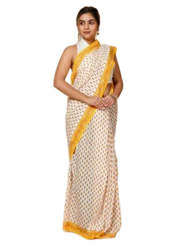 Cotton Mulmul Sarees - 5.50m Soft Cotton, White & Yellow, Quick Dry, Lightweight, Neatly Stitched