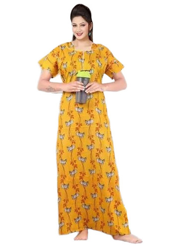 Cotton Nightgown - Cotton, Maxi, Yellow, Short Sleeves | Quick Dry, Lightweight, Neatly Stitched, Printed Pattern