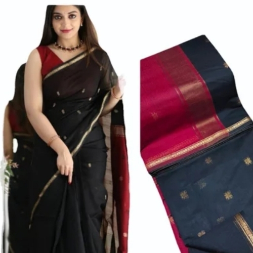 Maheshwar Silk Cotton Saree - 6.3m Blue Banarasi Silk, Plain Weaving | Custom Size Cotton, Good Quality