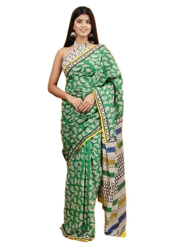 Printed Sarees - Cotton Mulmul, 5.5 Meters, Green | Quick Dry, Lightweight, Neatly Stitched, Traditional Style