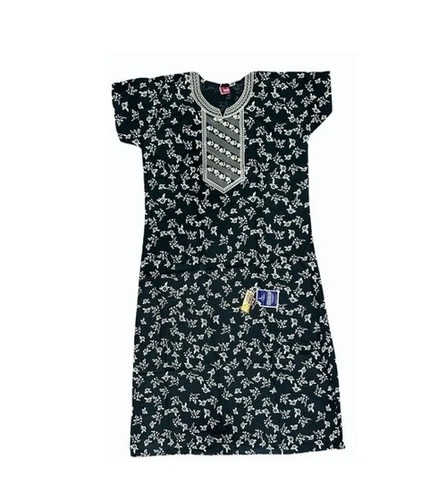 Women Nighties - Cotton Nightgown, Short Sleeves, Dark Green, Quick Dry, Lightweight, Printed Pattern