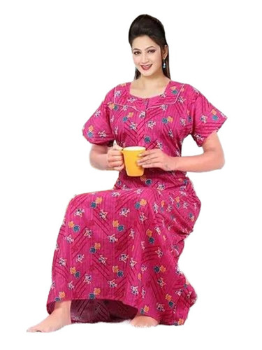 Women Nighties - Cotton, Long Length, Pink, Breathable, Crease Free, Quick Dry, Printed Maxi Nightgown