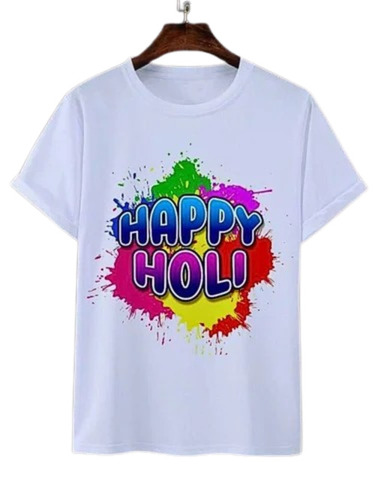 Customized Holi T Shirt - Poly Cotton, L-XXL, White, Printed, Half Sleeves | Lightweight, Quick Dry, Comfortable Fit