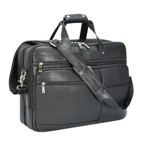 Mens Leather Office Bag - Pure Leather, Customized Size, Black, Zipper Closure | Polished Finish, Soft Texture, Water Resistant, Durable and Comfortable