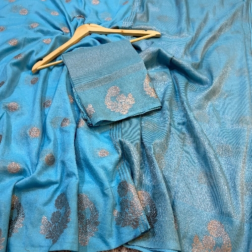 Banarasi Pure Orgenaza Silk Saree - Silk, Blue | Sheer Texture, Intricate Zari, Delicate Embroidery