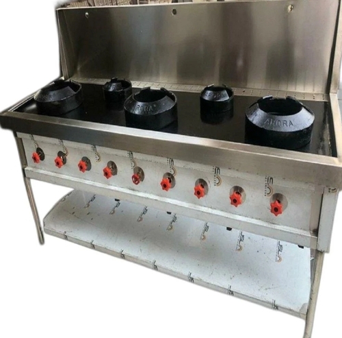 Five Burner Chinese Cooking Range - Stainless Steel, Silver, Gas, 220 Volt | Five Burners, High Heat, Efficient Fuel Usage, Stable Performance
