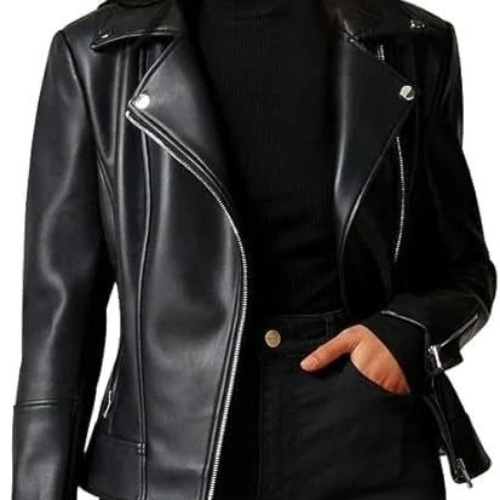 Women Leather Jacket - Genuine Leather, Black, Winter | Zip Closure, Adjustable Cuffs, Breathable, Lightweight