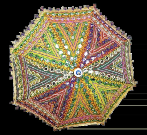 14 Inch Katchi Embroidery Cotton Umbrella - 17 Inch, Green And Yellow, Aluminum Stick | Designer, Wedding Decorative, Sun And Light Rain Protection
