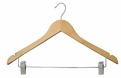17 Inch Wooden Clip Hanger - Brown, 5 Mm Thickness | Durable, Lightweight, Fine Finish, Metal Hook