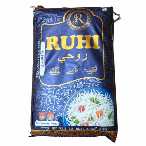 30kg Ruhi 1121 Basmathi Rice - 2% Broken, 8.30mm Grain, 12.5% Moisture | White, Long Grain, Dried, Common Cultivation