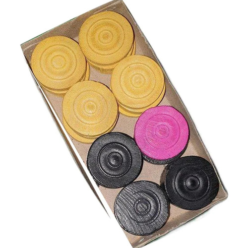 Black, Yellow And Red Color Wooden Carrom Board Coins