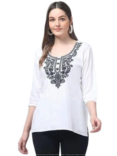 Casual Ladies Kurtis - Rayon Fabric, White, Sizes S-XXXL, Embroidered Pattern, 3-4th Sleeve, Relaxed Fit, Anti Wrinkle, Breathable, Quick Dry, Washable