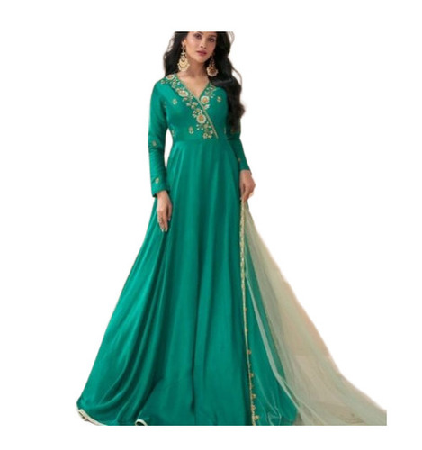 Girls Anarkali Gown - Silk, S-XXXL, Green | Embroidered, Anti Wrinkle, Breathable, Quick Dry, Washable