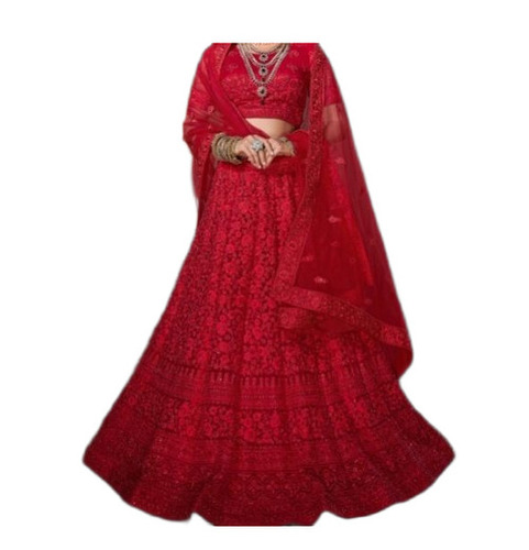 Lehenga - Net Material, Sizes S-XXXL, Red | Embroidered Pattern, Breathable, Washable, Anti-Wrinkle
