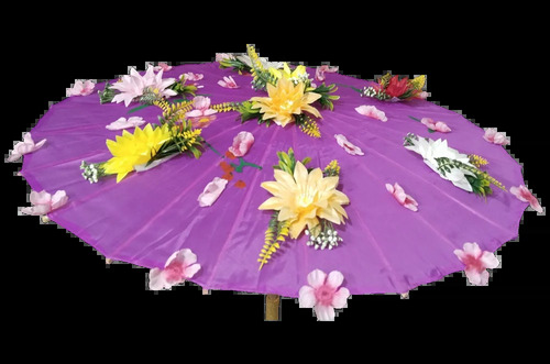 Purple Japanese Wooden Umbrella - 1 Fold, Manual Lift, Embroidered Pattern | Lightweight, Sun and Light Rain Protection, Wedding Decorative