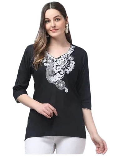 Rayon Short Kurti - Embroidered Cotton Blend, S-XXXL, Black | Anti Wrinkle, Breathable, Quick Dry, Washable