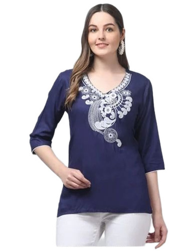 Rayon Short Kurtis - Embroidered Blue, Sizes S-XXXL, V-Neck, Machine Processed, Ultra Soft Touch, Tear-Proof Fabric, 3-4th Sleeve, Normal Fit, Breathable, Anti Wrinkle, Quick Dry, Washable