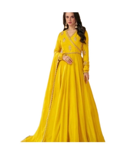 Women Anarkali Gown - Silk, All Sizes, Yellow, Embroidered | Anti Wrinkle, Breathable, Quick Dry, Washable