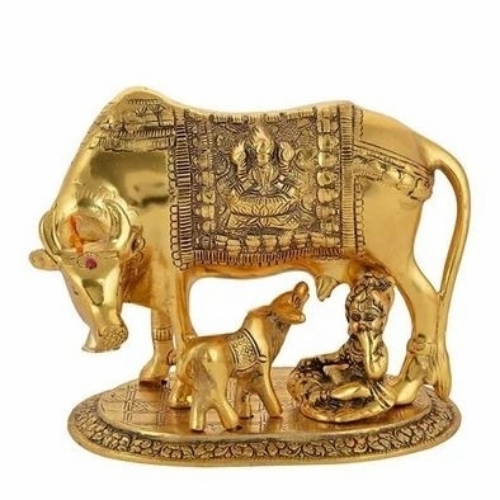 Kamdhenu Cow And Calf Statue - Golden Metal, Handcrafted | Artistic Finish, Divine Religious Symbol