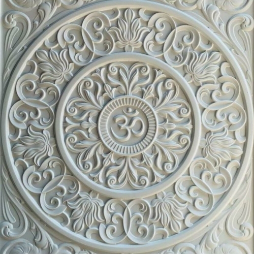 Lotus Marble Carving - Stone, Circular, White | Handcrafted Elegant Detailing, Intricate Patterns, Polished Surface