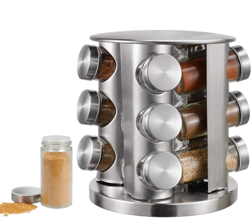 Circular Design 12 Jar Stainless Steel Spice Rack - Stainless Steel Rotating Rack | Rust-Resistant Space-Saving Clear Lids