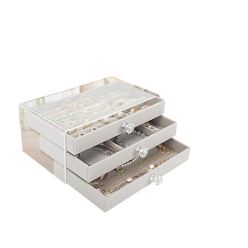 Grey Color Velvet Finish Plastic Jewelry Case - Eco-Friendly, Tray, Square Shape, Multiple Compartments