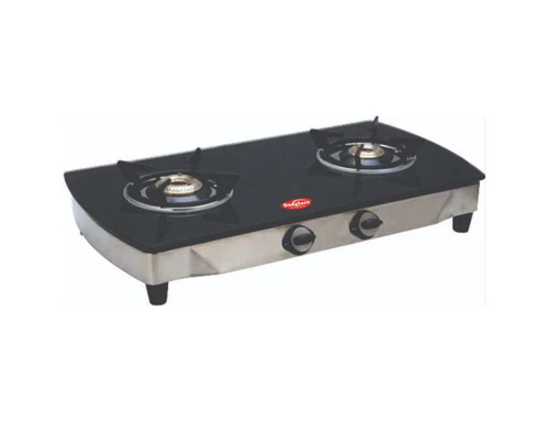 2 Burner Black Gas Stove - Stainless Steel Frame, Glass Top 700x360x6mm, Brass Burner | LPG, Manual Ignition, Knob Control, Polished Finish