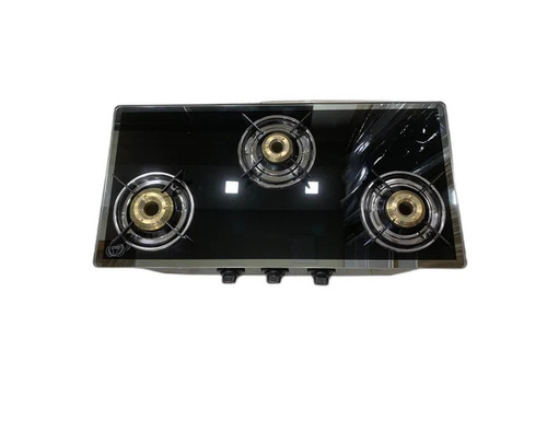 3 Burner Black Glass Top Manual Ignition Gas Stove - Brass Burner, 730x330x100 mm, Stainless Steel Frame | Easy to Use, Polished Finish, LPG Gas
