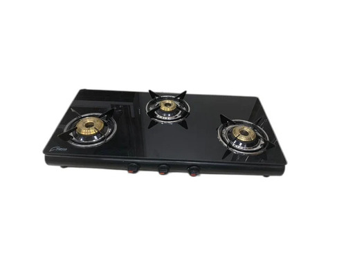 3 Burner Black Glass Top Modern Gas Stove - Brass Burner, 700x350x90 mm, Black, Manual Ignition, Knob Control | Polished Finish, LPG, Easy To Use