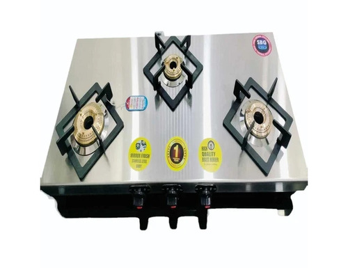 3 Burner Mirror Gas Stove (2Mm Body) - Stainless Steel Frame, Glass Top, Brass Burners, Manual Ignition, LPG, Knob Control | Polished Finish, Easy to Use, Domestic Use