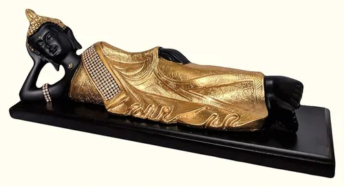 34 X 8 X 11 Cm Sleeping Lord Buddha Showpiece - Wooden Platform, Black Fiber, Carved Religious Sculpture, Home & Office Decor