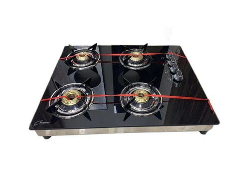 4 Burner Glass Top Fancy Gas Stove - Stainless Steel Frame, 710x710x120 mm, Brass Burner | Manual Ignition, Knob Control, LPG Gas, Polished Finish