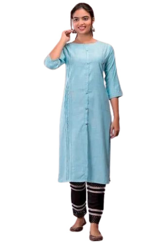 Blue Rayon Straight Kurti Pant Set - Rayon, 3/4 Sleeves, Sky Blue & Black | Breathable, Anti UV, Quick Dry, Comfortable Fit