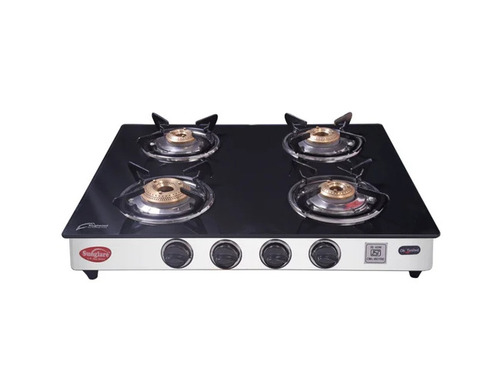 Glass Top 4 Burner Gas Stove - Stainless Steel Frame, 700x700x200 mm, Brass Burners | Manual Ignition, Knob Control, Polished Finish