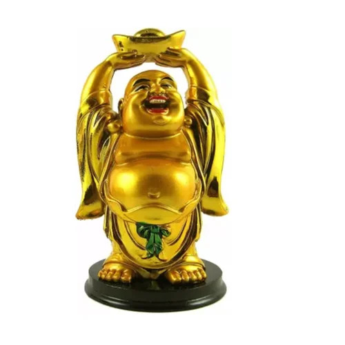 Gold Plated Wooden Base Laughing Buddha - 12x18x10 cm, Polished Finish | Durable, Easy to Clean, Religious Decoration