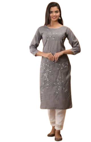 Large Rayon Kurti Pant Set - Rayon 3/4 Sleeve Grey White Regular Fit Anti Wrinkle Breathable Quick Dry Comfortable Fit