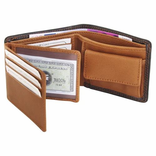 Mens Leather Contrast Double Stitch Wallet - Genuine Leather, Foldable, Black and Brown, 6 Card Slots | Bifold Closure, Fine Finish, Polished Surface, Modern Style
