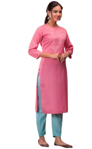 Pink Plain Kurti Pant Set - Rayon, 3/4 Sleeves, Pink & Blue, Regular Fit | Breathable, Anti UV, Quick Dry, Comfortable Fit