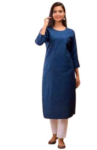 Regular Wear Rayon Kurti Pant Set - Rayon, 3/4 Sleeves, Blue & White | Breathable, Anti UV, Quick Dry, Comfortable Fit