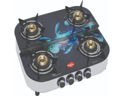 Step Digital Print Crystal Glass Four Burner Gas Stove - Stainless Steel Frame, 635x500x6mm, Glass Top, Brass Burners | Polished Finish, Manual Ignition, LPG, Knob Control, 1 Year Warranty