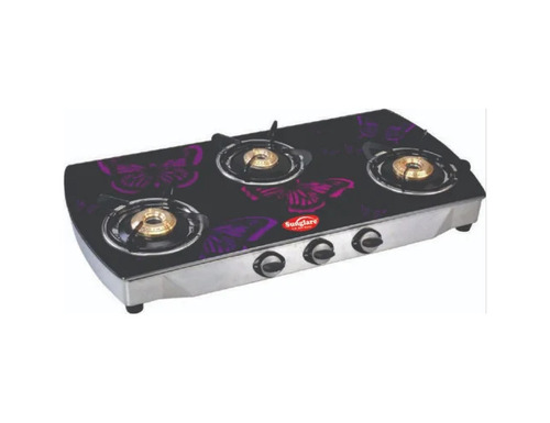 Three Burner Digital Gas Stove - Stainless Steel Frame, Glass Top, 780x670x6mm, 4 LPG Burners, Manual Knob Control