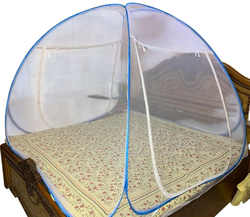 White And Blue Color Fiber Mesh Foldable Mosquito Net - Circular Shape, Breathable Mesh, Lightweight, Portable