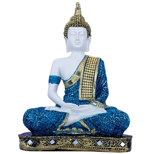 White And Blue Color Sitting Buddha Idol Statue For Decoration - Polyresin, 8x18.5x24 cm, Multicolor | Durable, Eco-Friendly, Religious Theme