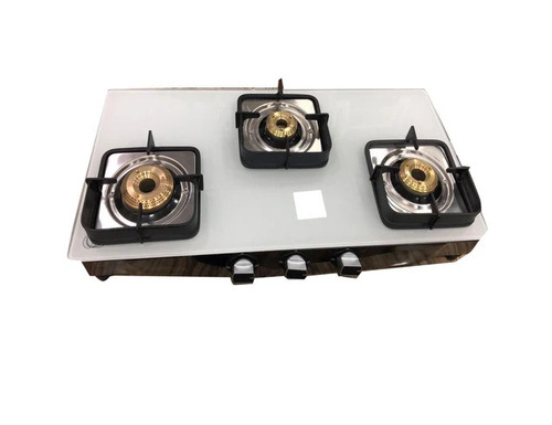 White Glass Top 3 Burner Fancy Gas Stove - Brass Burners, 330x330x330 mm, Stainless Steel Frame | Manual Ignition, LPG, Polished Finish