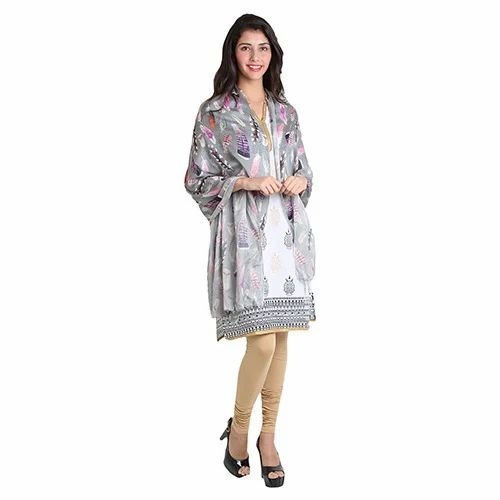 Ladies Stole - Cotton, Standard Size, Gray, Quick Dry, Lightweight, Neatly Stitched, Printed Pattern