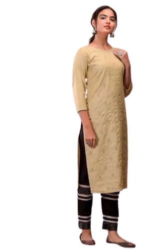 Party Wear Printed Kurti Pant Set - Rayon, 3/4 Sleeves, Cream & Black, Regular Fit, 180GSM | Breathable, Anti-Wrinkle, Quick Dry, Comfortable Fit