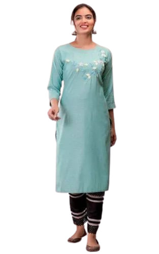 Sky Blue Hand Work Kurti Pant Set - Rayon, 3/4 Sleeve, Blue & Black, Regular Fit, Lightweight, Breathable, Quick Dry, Anti Wrinkle