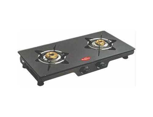 Two Burner Black Frame Gas Stove - Stainless Steel Frame, Glass Top 700x360x6mm, Brass Burner | LPG, Manual Ignition, Knob Control, Polished Finish