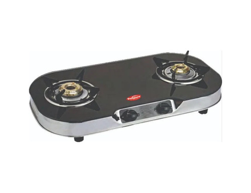Two Burner Round Black Gas Stove - Glass Top, Stainless Steel Frame, 700x360x6mm, LPG, Manual Ignition, Knob Control, Brass Burner